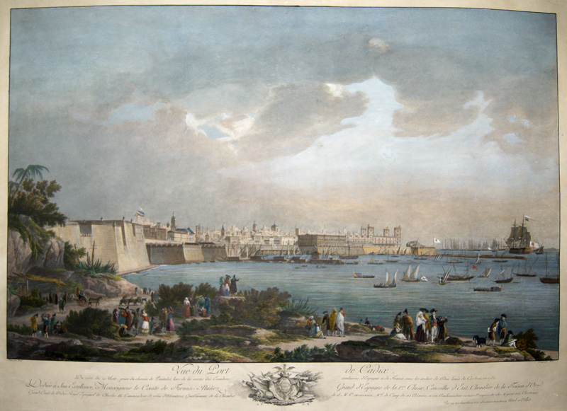 Vue du Port de Cadix, Du Côte du Mole, prise du chemin de Pontales, lors de la sortie des Escadres..