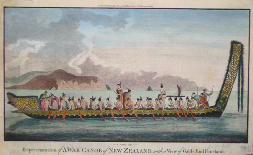 Representation of a war canoe of New Zealand, with a view of gable and foreland