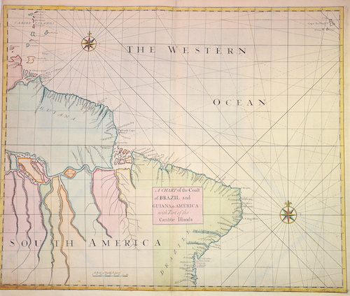 A chart of the coast of Brazil and Guiana in America with part of the Caribbe Islands