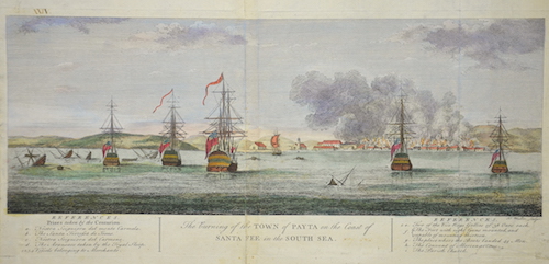 The burning of the TOWN of PAYTA on the Coast of SANTA FEE in the SOUTH SEA.