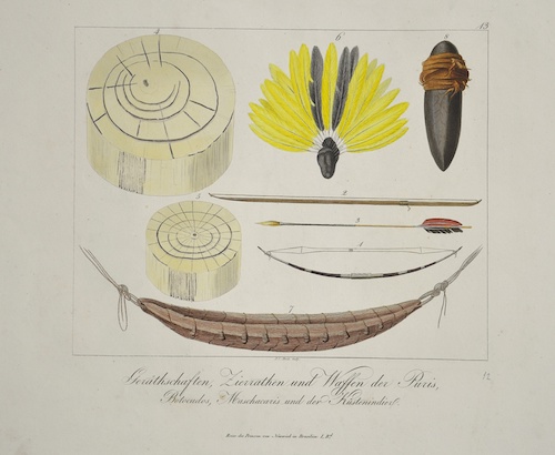 Geräthschaften, Zierrathen und Waffen der Puris, Botocudos, Maschacaris und der Küstenindier. Platte 13