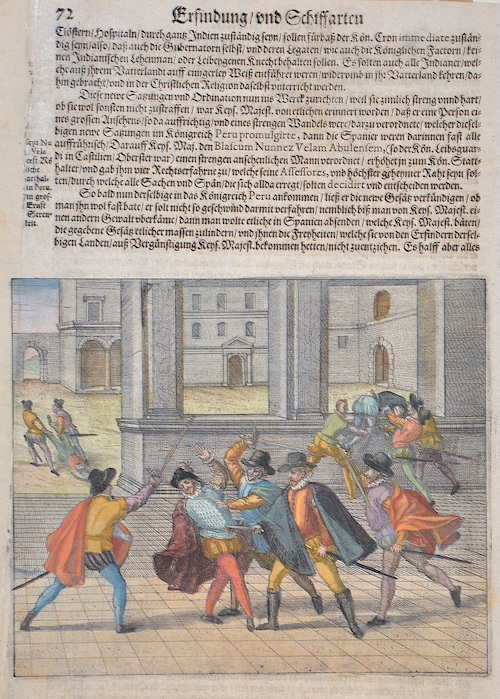 Erfindung und Schiffarten 72 (Der Königliche Statthalter Blasco Nunez Vela ersticht den königlichen Procurator Illan Suarez)