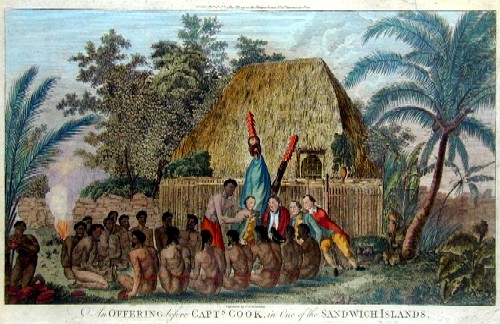 An offering bevor Captain Cook, in One of the Sandwich Islands