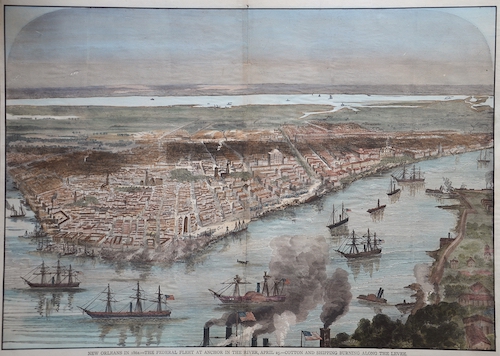 New Orleans in 1862. – The federal fleet at anchor in the river, April 25. Cotton and shipping burning along the levee.