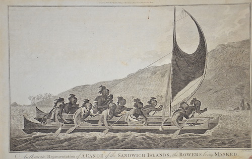An Accurate Representation of a Canoe of the Sandwich Islands, the Rowers being Masked.