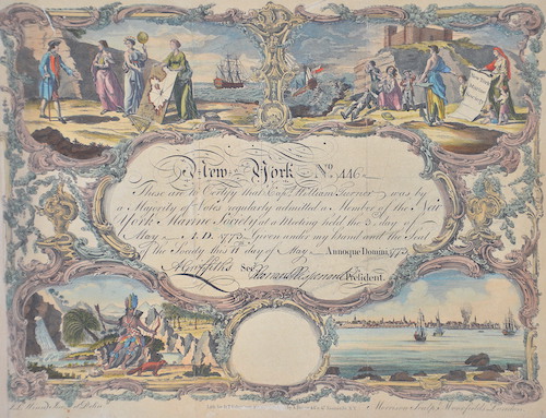 New-York No. 446 These are to Certify that Capt William Turner was by a Majority of Notes regularly admitted a Member of the New York Marine Society..