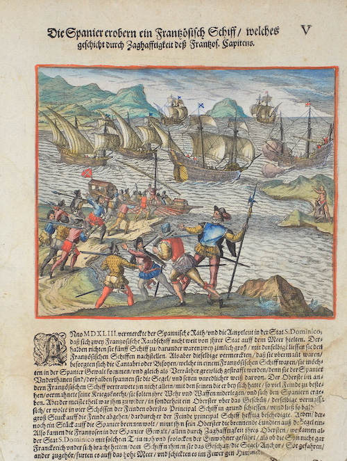Die Spanier erobern ein Französisch Schiff / welches geschicht durch Zaghafftigkeit deß Frantzos. Capitens.