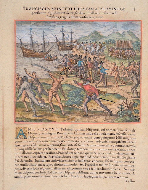 Franciscus Montejo Lucatanae Provinciae praesicitur. Quidam ex Cacicis, foedus cum illo contrahere velle simulans, tragula illum consicere conatur.