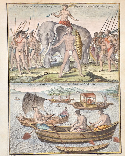 The King of Kochin riding on an Elephant, attended by his Nayro’s / Small Indian Vessets used on the Coast of Malabar.