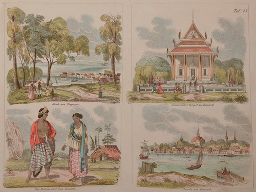 Rhede von Singapur. Ein Malaie und eine Malaiin. Siamesischer Tempel zu Bancock. Ansicht von Bancock.