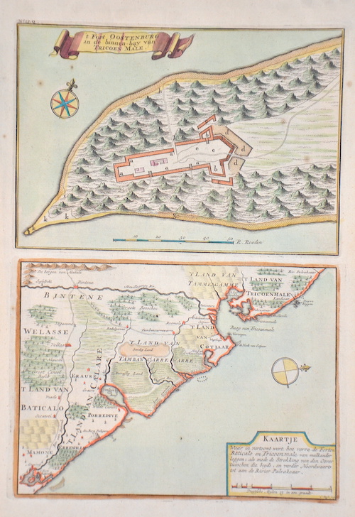 Kaartje Waar in vertoont wert, hoe verre de Forten Baticalo en Tricoen male.. / t Fort Oostenburg in de binnen-bay van Tricoen Male.