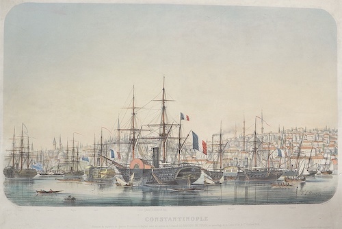 Constantinople, division de vapeurs de Guerre Francais et Anglais sous les ordres du C Amiral Le Barbir de Tinan, au Mouillage de la Corne d´Or, le ..