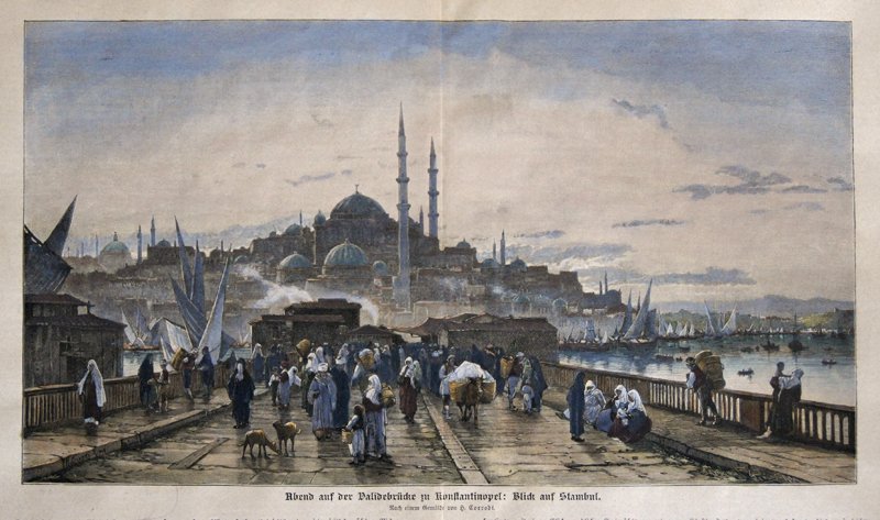 Abend auf der Validebrücke zu Konstantinopel: Blick auf Stambul. Nach einem Gemälde von H. Corrodi.