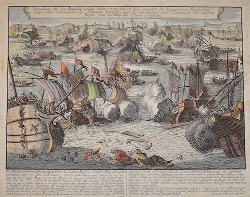 Vorstellung der See Bataille welche Anno 1770 den 17. July zwischen der Kayserlichen Russischen Flotte unter Commando des Admiral Spiritoff und der..