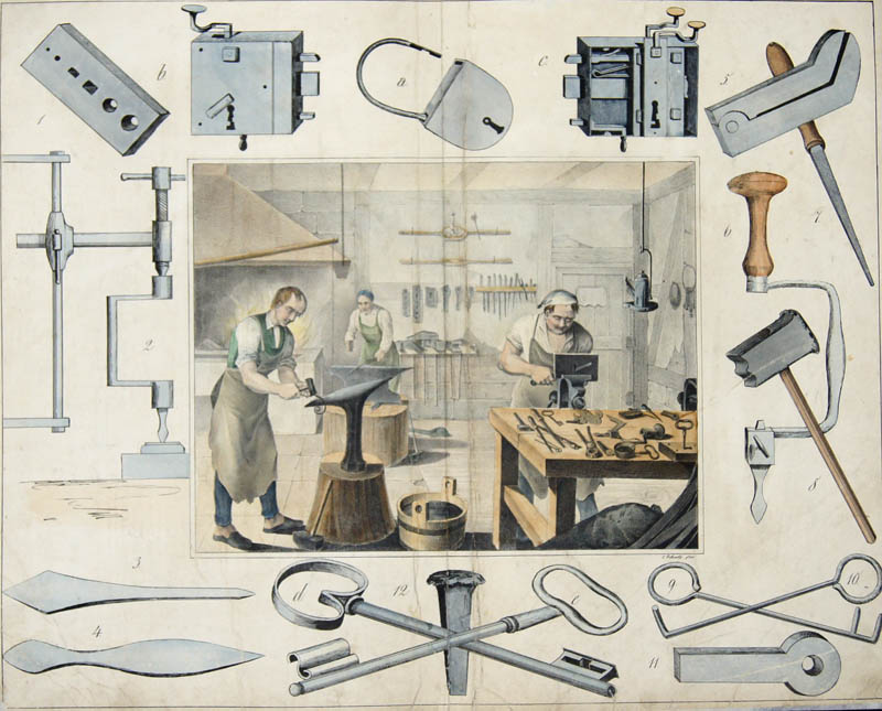no title- Eisenschmiede (Werkzeug)/ iron smith (tools)-Nebst ihren hauptsächlichsten Werkzeugen und Fabrikaten. Stgt. u. Eßlingen, Schreiber u. Schill