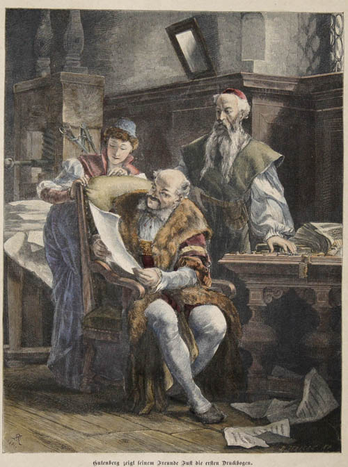 Gutenberg zeigt seinem Freunde Just die ersten Druckbogen. Originalzeichnung von Leo Reiffenstein in Wien.