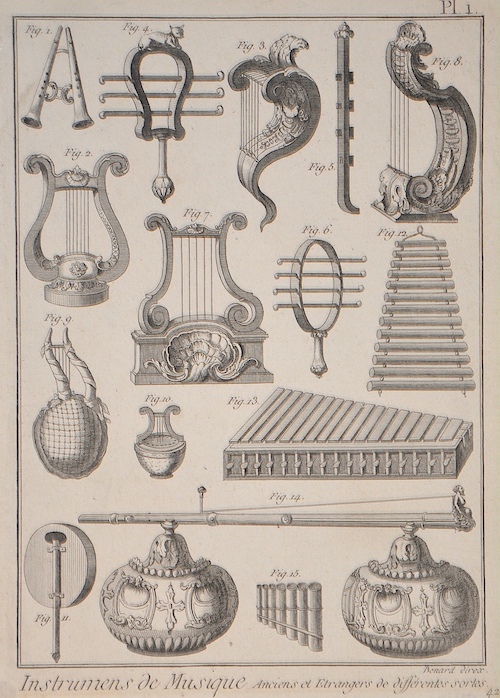 Instrumens de Musique Anciens et Etrangers de differentes sortes.