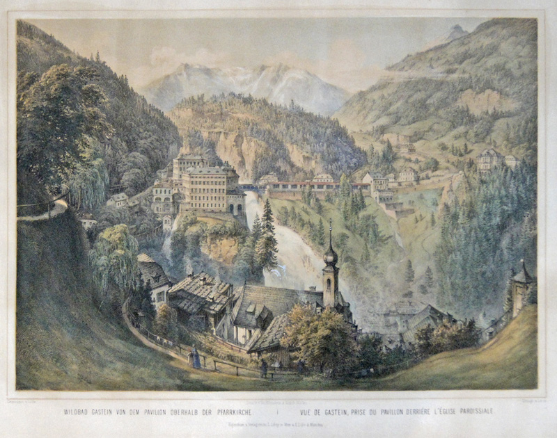 Wildbad Gastein von dem Pavillon Oberhalb der Pfarrkirche. Vue de Gastein, prise du pavillon derriére l’église paroissiale.