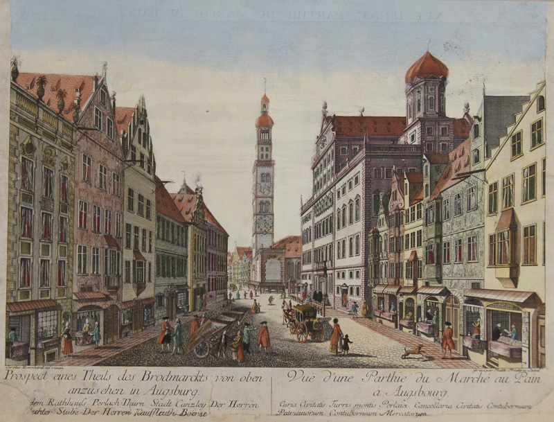 Prospect eines Theils des Brodmarckts von oben anzusehen in Augsburg. Vue d’une Parthie du Marche au Pain a Augsbourg.