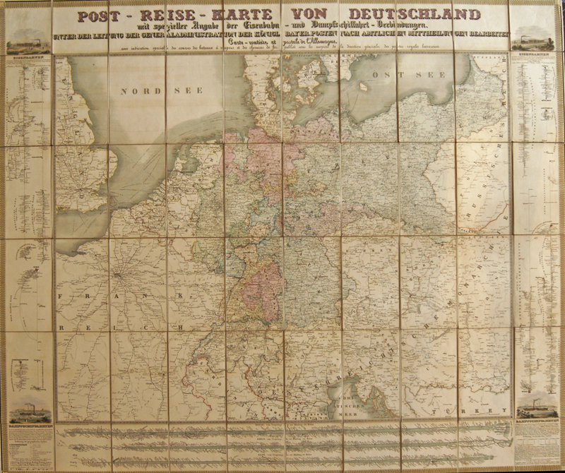 Postreise-Karte von Deutschland, mit den Eisenbahnen u. Dampfschiffahrten,..