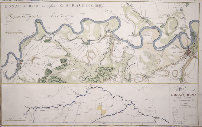 Donaustrom von Pfäter bis Straubing. Blatt V. / Profil des Donaustroms durch Bayern von Donauwerth bis Passau.