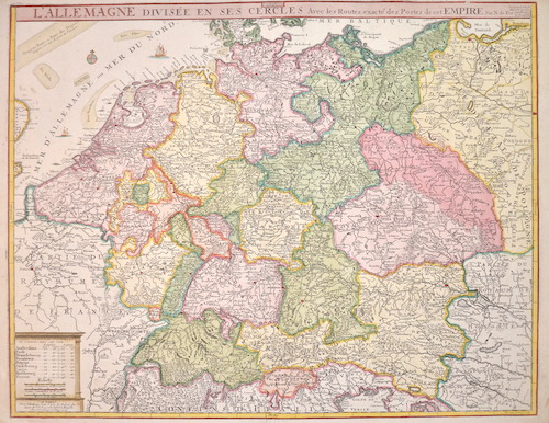 L’Allemagne divisèe en ses Cercles avec les Routes exactes des Postes de cet Empire.