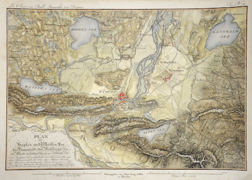 Plan des Hopfen und Weissen See, des Bannwald oder Mühlberger See, des Alpen oder Seibling See und des Schwan See.