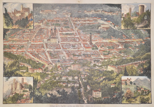 Göttingen aus der Vogelschau, gezeichnet von Robert Geißler.