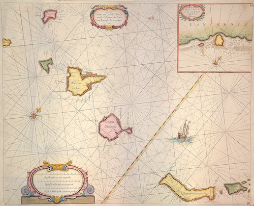 Caarte voor ee gedeelte der Canarisee Eylanden als Canaria ,Tenerifa, Forteventura, ect./De tyhavens porto de Naos en Posto de Cavallos …Lazerota