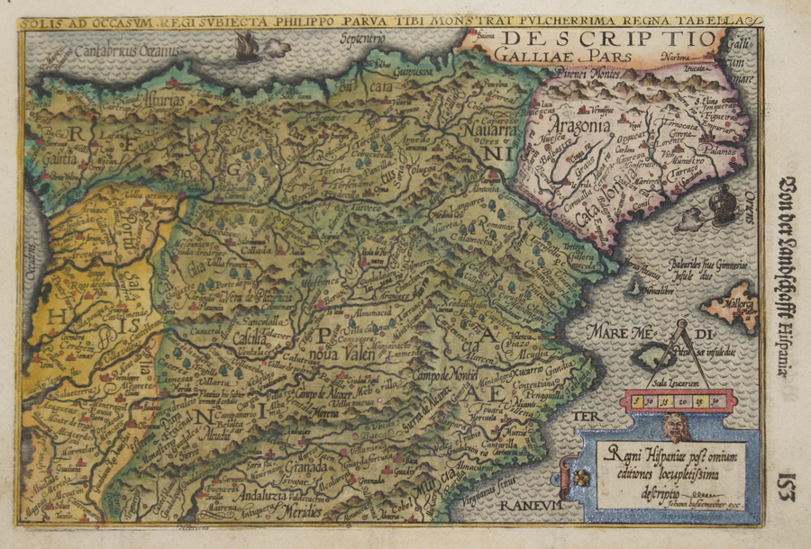 Regni Hispaniae post omium editiones locupletissima descriptio. Solis ad Occasum Regi subiecta Philippo Parva tibi monstrat pulcherrima regna Tabella.