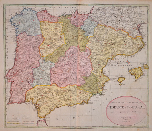 Carte General des Royomes d’Espagne & Portugal.  Avec les principales Divisiones.