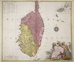 L´Isle de Corse avec les differents Districts, appartenaute A La République de Genes mais divisée et soulevée depuis plusieurs années Donnée au jour..