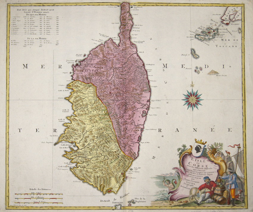 L´Isle de Corse avec les differents Districts, appartenaute A La République de Genes mais divisée et soulevée depuis plusieurs années Donnée au jour..