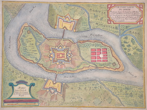 Le Fort Louis du Rhein. Basti par Louis le Grand en 1688. dans une Isle du Rhein a 8. Lieues au dessous de Strasbourg 10. au des sus de Philisbourg..