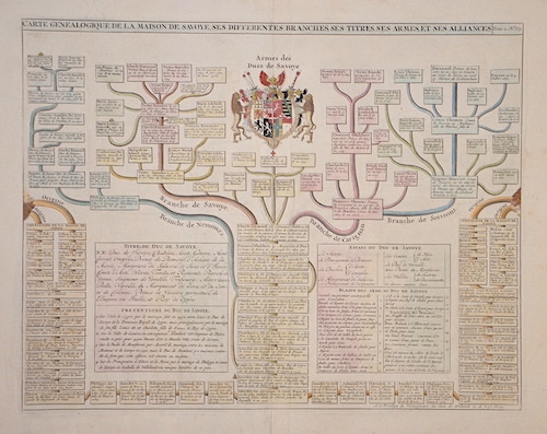 Carte Genealogique de la Maison de Savoye, ses differentes branches, ses Titres, ses Armes, et ses Alliances.