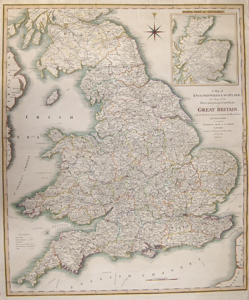 A Map of England, Wales + Scotland, describing all the Direct and principal Cross Roads in Great Britain, with the Distances measured between the..
