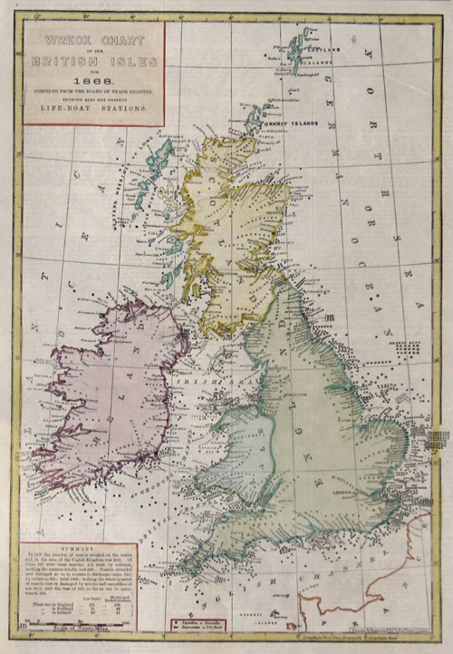 Wreck Chart of the Britisch Isles for 1868 complied from the board  of trade register. Showing also the present life – boat stations.