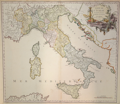 Carte de L’ Italie dans laquelle sont tracees les Routes des Postes