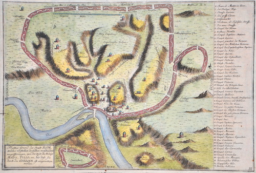 Platter Grund der Stadt Rom, welcher vorstellet derselben verschiedene vergrösserungen, von der zeit des Königs Servi. Tulli an,..