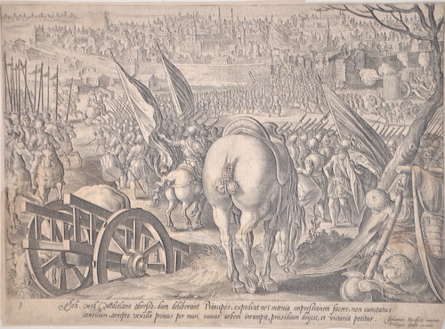 Joh. Med Mediolano obseßo, dum desiberant Principes, expediat ne i maenia impreßionem facere, non cunctatus consilium, arrepto vexillo primus per..