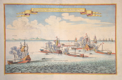 Pugna Nautica inter Melitenses, et Turcos, in Mari Mediteraneo / Treffen zwischen den Maltesern und Türcken in dem Mittellädischen Meer. Anno 1645.