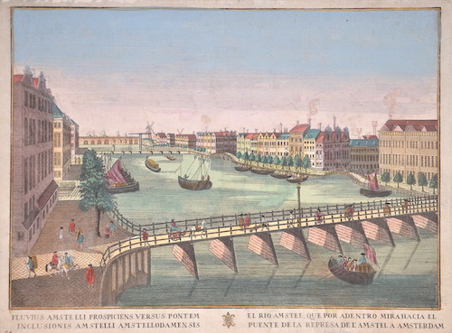 Fluvius Amstelli Prospiciens versus Pontem inclusionis Amstelli Amstellodamensis. / El Rio Amstel, que por adentro mirahacia el puente de la..