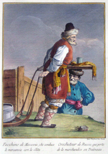 Facchino di Moscovia, che conduce le Mercanzie con la Slita/ Crocheteur de Russie, qui porte de la marchandise en Traineau