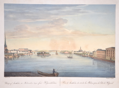 Utsigt af Stockholm, at Málaresidan tagen fran Helgeandsholmen. Vue de Stockholm, du cote du lac Malaren, prise de l’ilot de Helgeand.