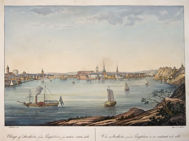 Utsigt af Stockholm fran Langholmen pa stadens vestra sida. Vue de Stockholm prise de Langholmen du coté occidentale de la ville.