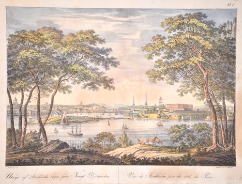 Utsigt af Stockholm tagen fran Kongl. Djurgarden / Vue de Stockholm prise du cote du Pare.