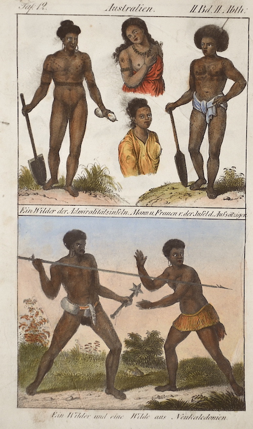 Australien. Ein wilder der Admiralitäts Inseln. Mann und Frauen v.der Inseln d. Aufsätzigen/ Ein Wilder und eine Wilde aus Neucaledonien