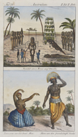 Australien. Ansicht eines Morai auf Oweihi/ Tänzerin von der Insel Movi, Mann von den freundschaftl. Inseln
