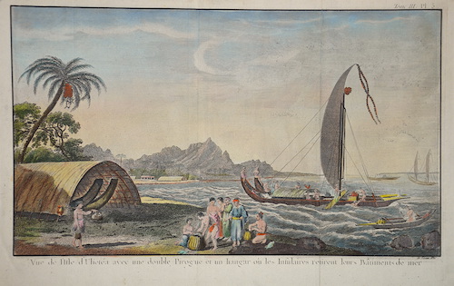 Vue de l‘ isle d’Ulietea avec une double Pirogue et un hangar ou les insulaires retirent leurs Batiments de mer