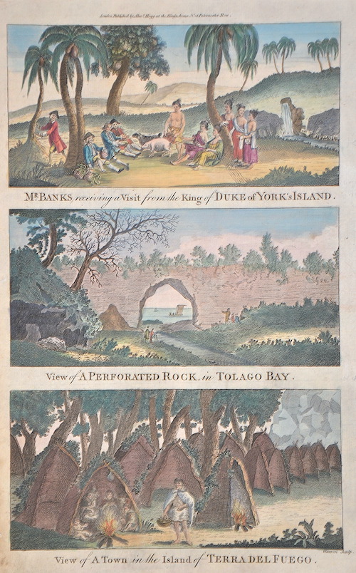 Mr.Banks, receiving a Visit from the King of Duke of York's Island/View of a Perforated Rock,in Tolago Bay/View of a Town in the Island of Terra del F